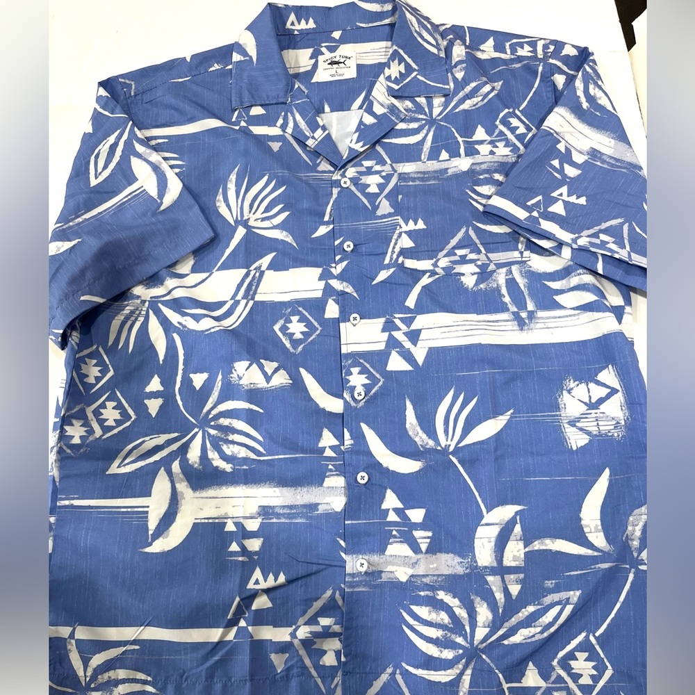 Men's Casual Blue Hawaiian Print Button-Down Shirt